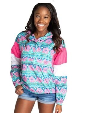 Simply Southern Hibiscus Floral Stripes Half Zip Rain Windbreaker Pullover Small